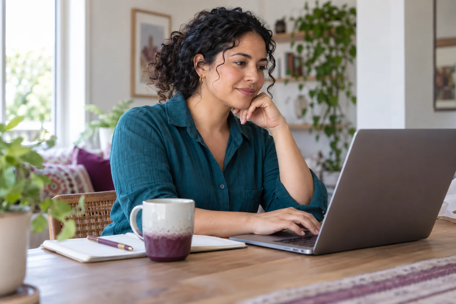 Illustrative editorial scene of a Latina professional learning AI at her home workspace