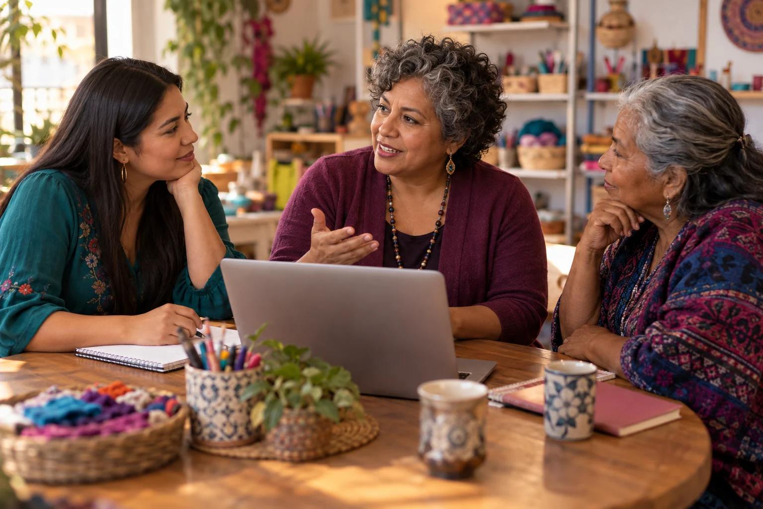 Illustrative editorial scene of a Latina facilitator guiding a small community learning session