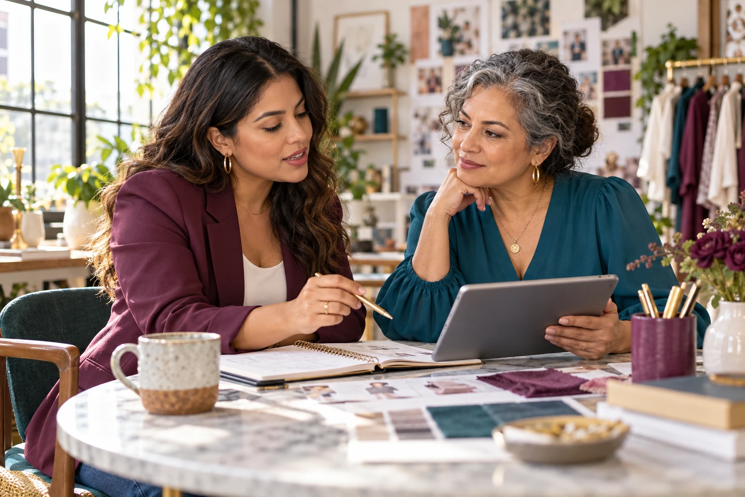 Illustrative scene of two Latina entrepreneurs in a mentorship conversation